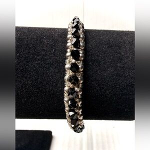 Vintage Black Faceted Beaded Crystal Glass Braided Bracelet Silver Tone French